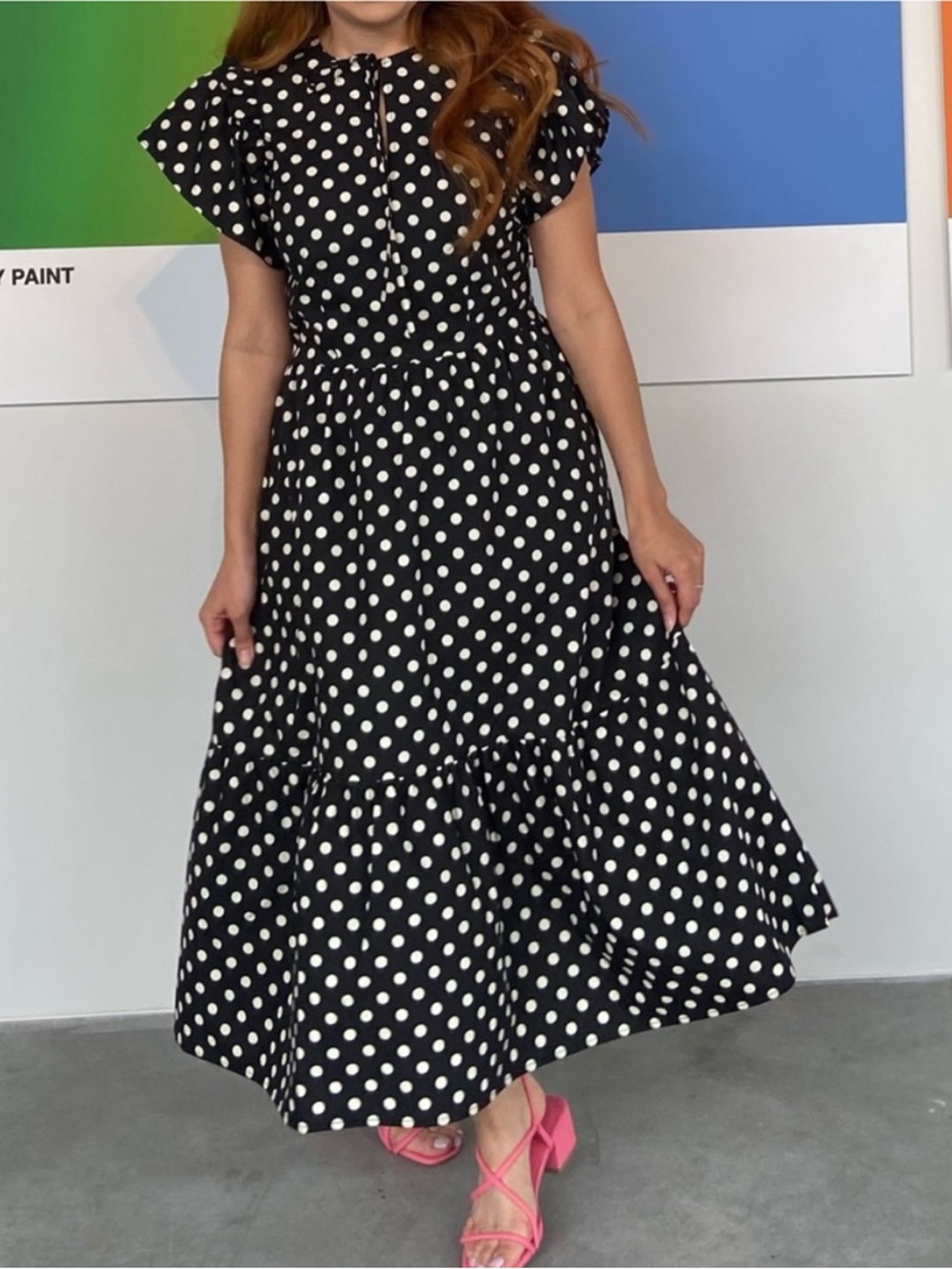 Black & White Polka Dot Flutter Sleeve Maxi Dress